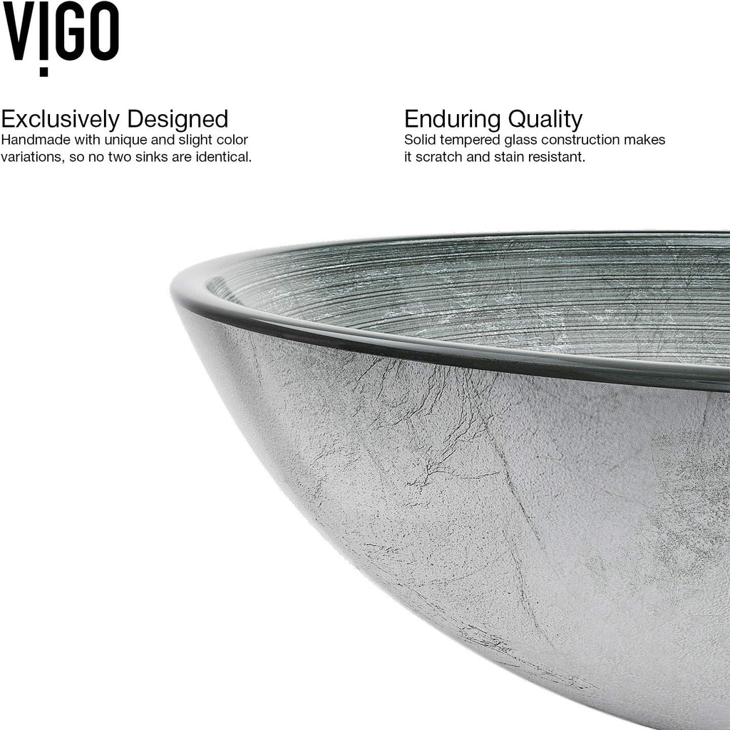 Vigo Vessel Sink Silver - 17' Artistic Round Bowl Sink for Bathrooms, Tempered Glass Above Counter Bathroom Sink with NonStickShield, QuickDrain & TempGuard, Modern Luxury Design