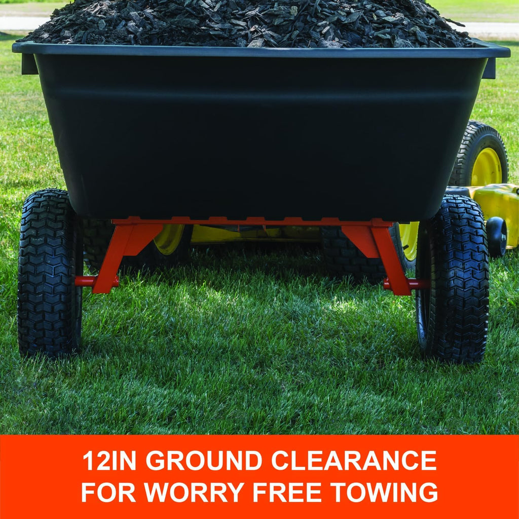 Agri-Fab 45-0553, 1,000-Pound Capacity Poly Swiveling Tow Behind Dump Cart, 18 Cubic Feet Capacity, 80 Degree swiveling, 52 Degree Dumping, 16-Inch x 6.5-Inch Pneumatic Turf Tread Tires
