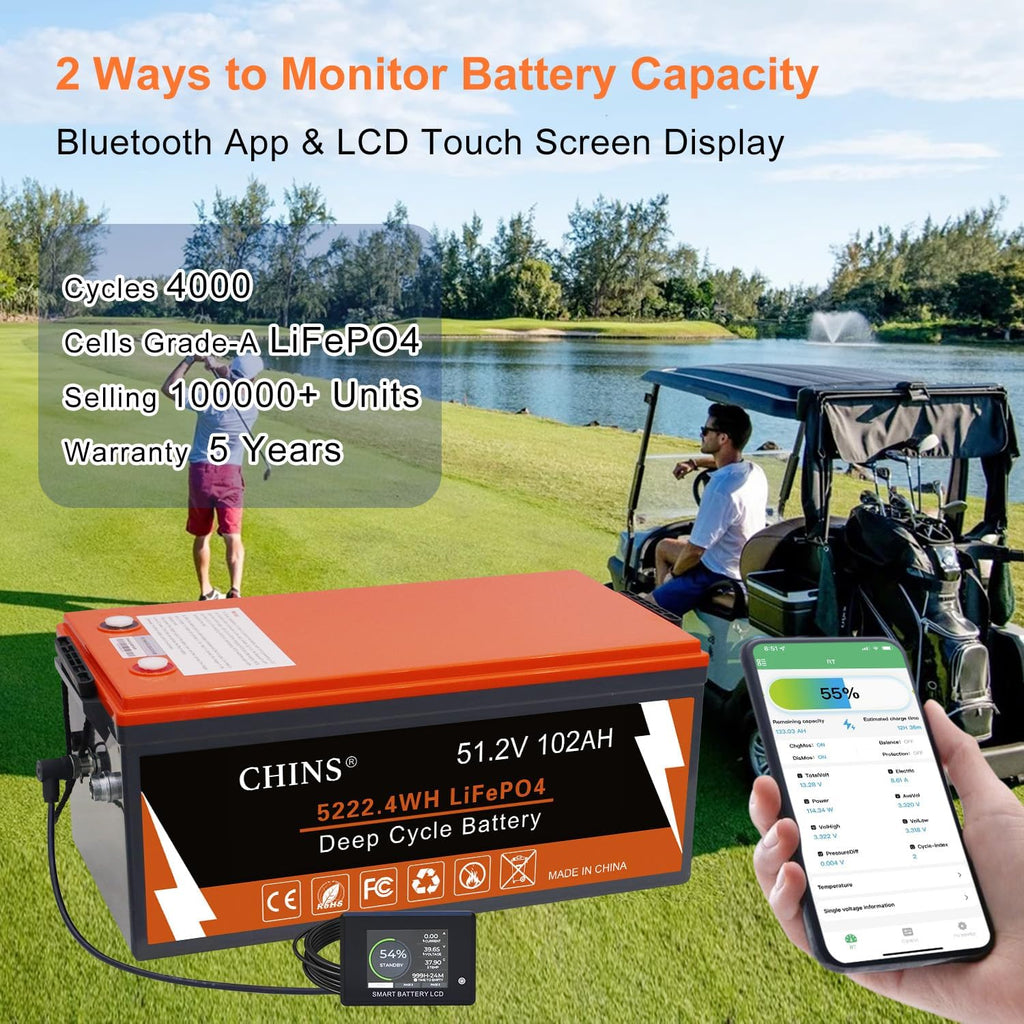 CHINS 48V 102Ah Golf Cart Battery, Built-in Smart 200A BMS, 4000+ Cycles Rechargeable, 48V Lithium Battery Perfect for Golf Cart