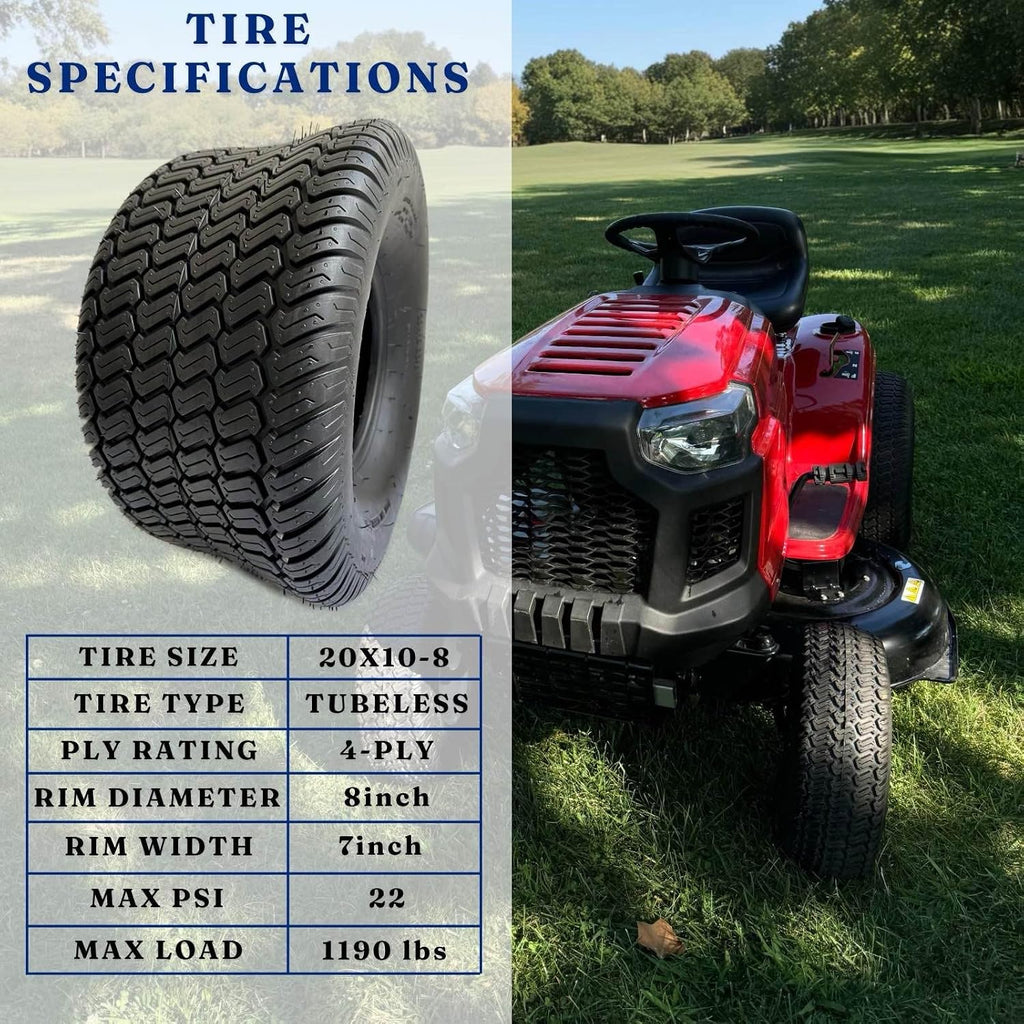 Dayrim 20x10-8 Lawn Mower Tires, Set of 2, 4-Ply Tubeless Turf Tread, for Garden Tractor & Riding Mower,Golf Cart Tires (20x10-8 (pack of 2))