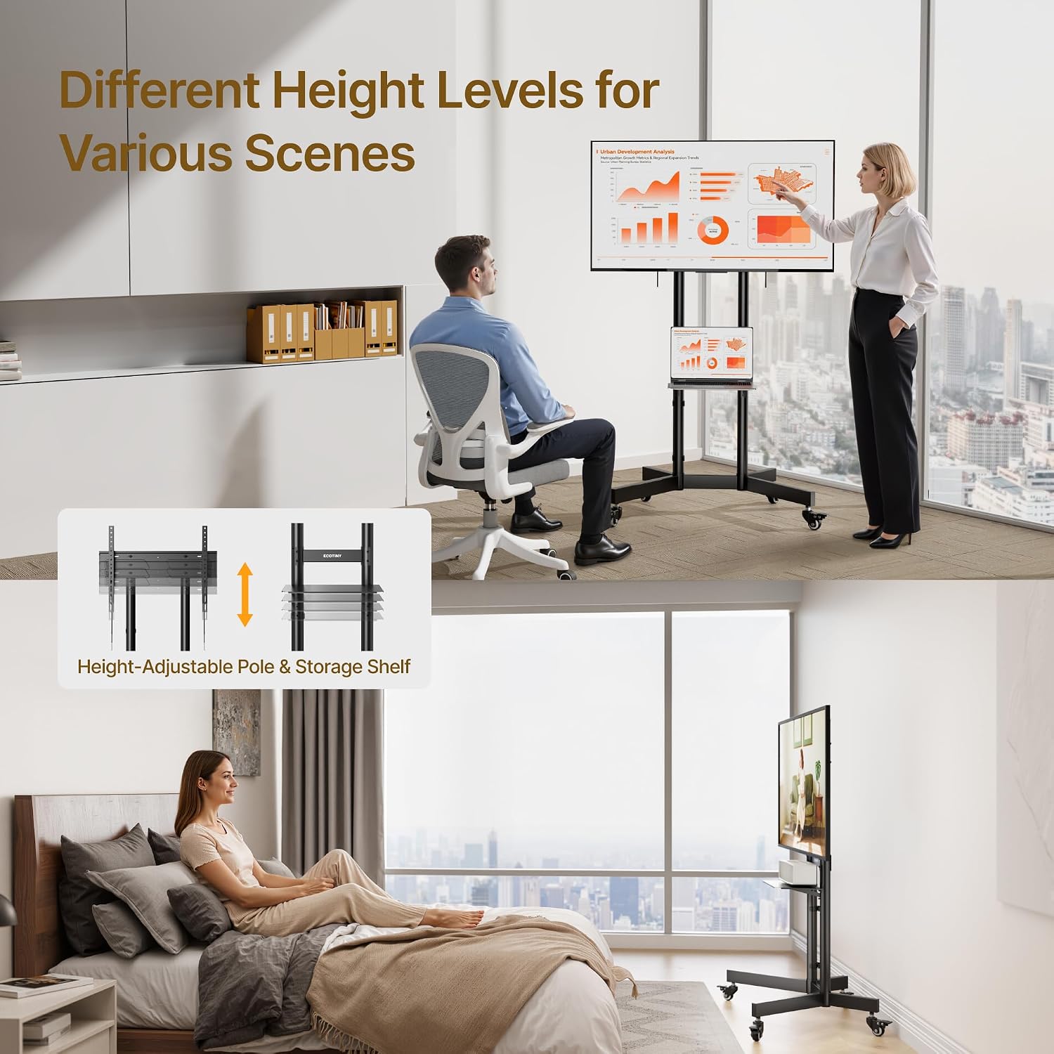 Upgraded Rolling TV Stand for 32-86 Inch TVs up to 200 lbs, Heavy Duty Mobile TV Cart with Laptop Shelf, Height Adjustable Portable TV Stand with Lockable Wheels, Max VESA 600x400mm