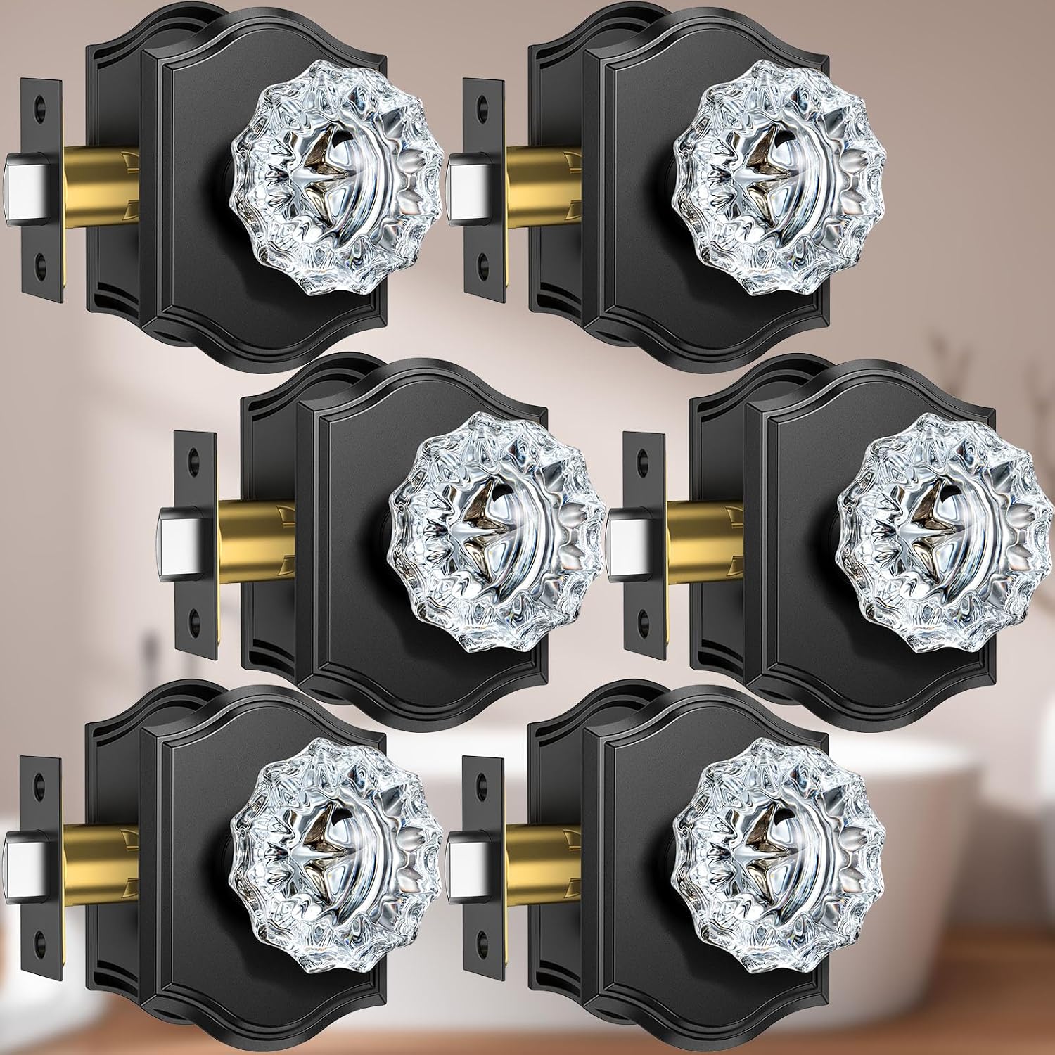 Glass Door Knobs Interior, 6 Pack Crystal Door Knobs with Lock for Privacy Use, Black Glass Door Knobs for Interior Bedroom Bathroom, Vintage Glass Crystal Door Knob Set