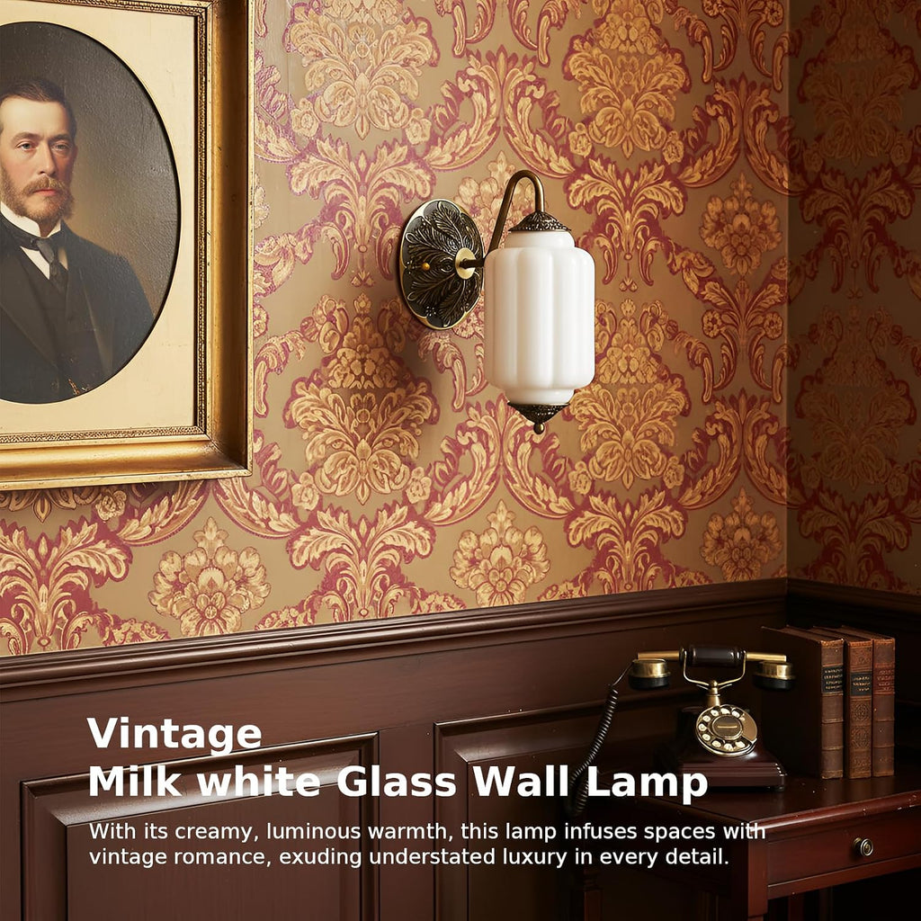 2-Pack Antique Gold Milk Glass Wall Sconce - Vintage Green Shade & Brass Finish Base - Indoor Wall Lighting Fixture for Living Room, Bedroom, Bathroom, Hallway, Entryway (2 Pack/White)