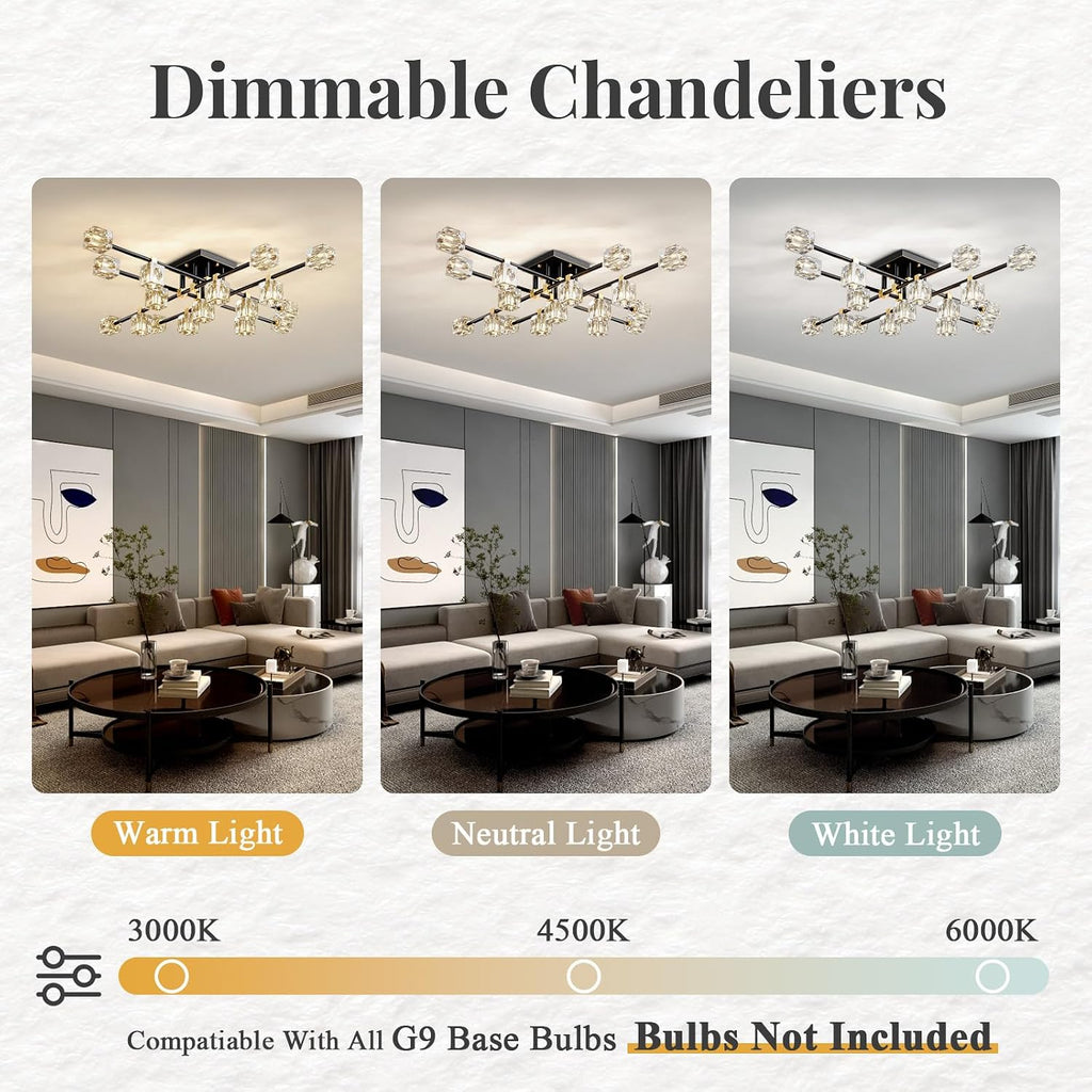 Crystal Sputnik Ceiling Light Fixture，Modern Luxury Black and Gold Chandeliers with 17-Light，Semi Flush Mount Ceiling Light Fixture for Dining Room,Living Room,Kitchen Island,Bedroom.