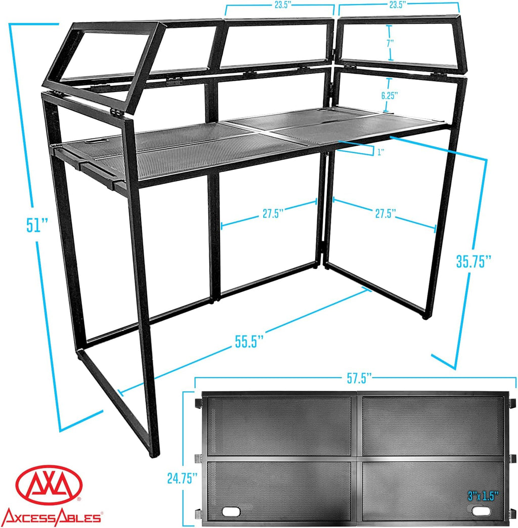 AxcessAbles DJ BOOTH XL 58' wide x 29' deep DJ Facade Table | Portable Extra Wide DJ Table Booth with Black and White Scrims, Carry Cases | Large DJ Controller Stand | Music Mixer Stand