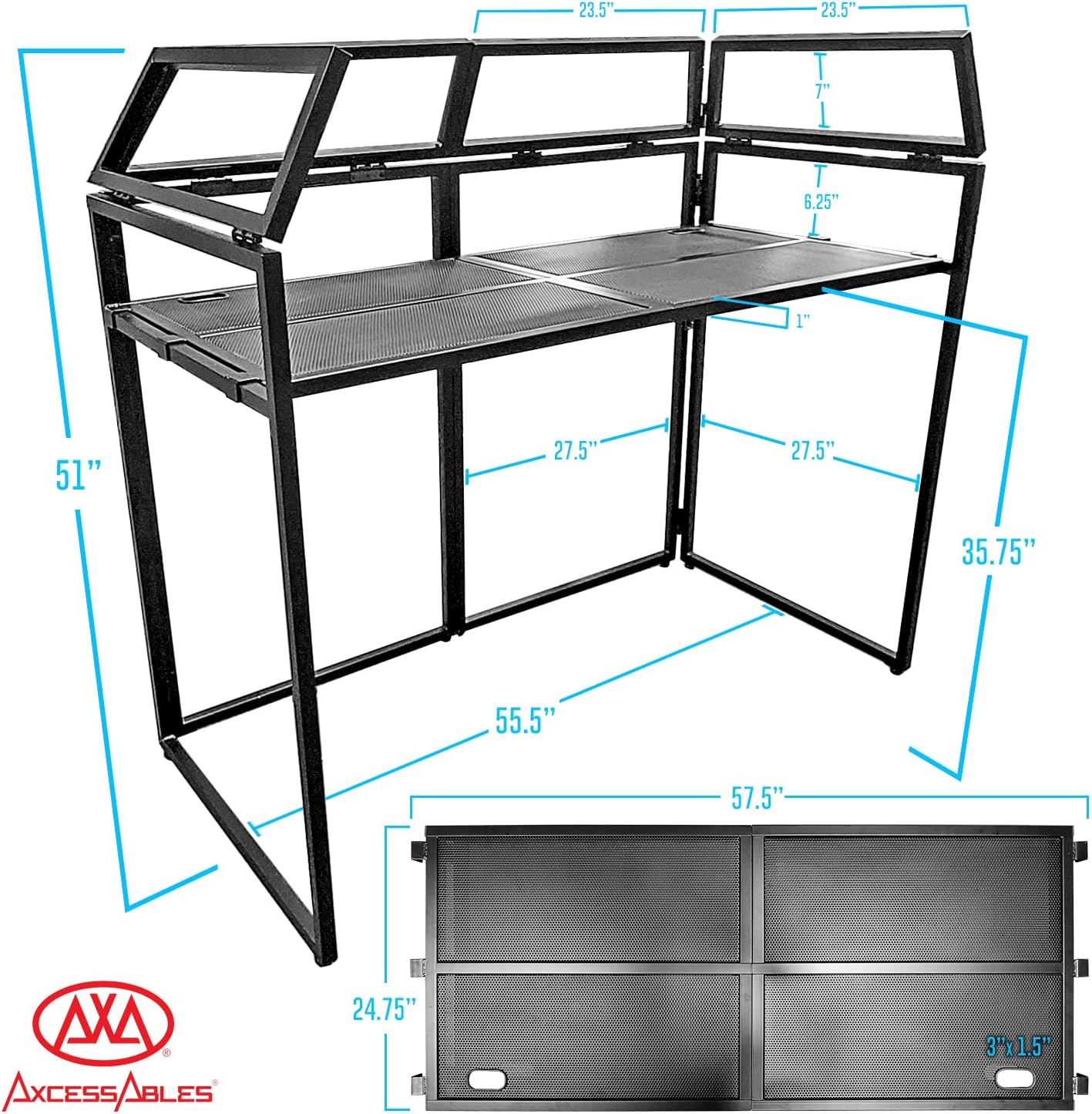 AxcessAbles DJ BOOTH XL 58' wide x 29' deep DJ Facade Table | Portable Extra Wide DJ Table Booth with Black and White Scrims, Carry Cases | Large DJ Controller Stand | Music Mixer Stand