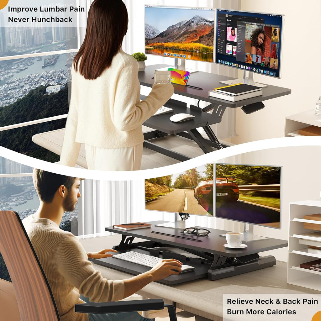 JOY worker Standing Desk Converter, 35' Wide Height Adjustable Sit Stand Up Desk Riser with Keyboard Tray, Desktop Workstation Riser for Home Office Computer Laptop, Particle Board, Black