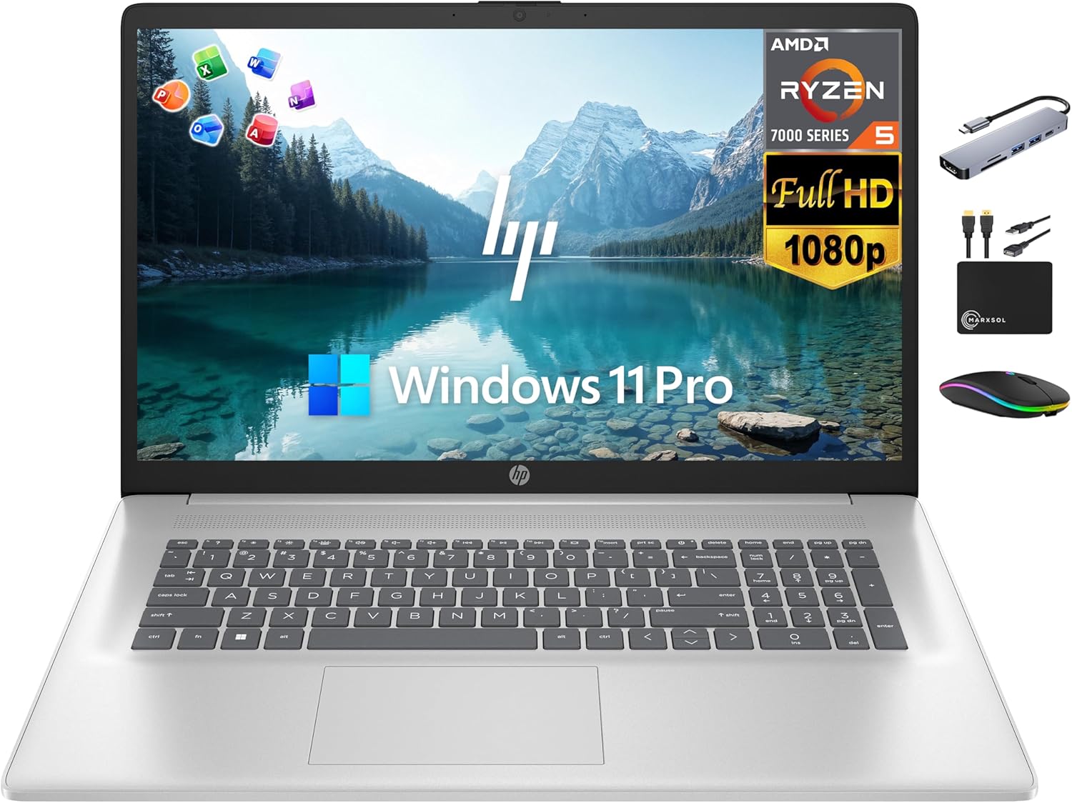 HP 17 Laptop Business, 17.3' FHD IPS Display, 16GB RAM, 1.5TB Storage (1TB SSD + 500GB Ext Drive), 6-Core AMD Ryzen 5 Processor, Lifetime Microsoft Office, Long Battery, MarxsolAccessory, Win 11 Pro