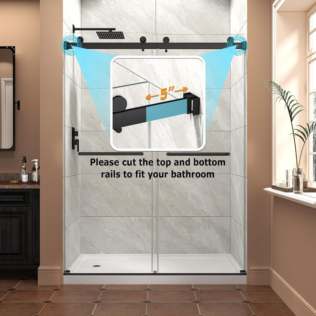Frameless Shower Door,55-60' W x 76' H Sliding Glass Shower Door,5/16'(8mm) Thick Tempered Clear Glass with Explosion-Proof Film Nano Coating,Waterproof Strip,Matte Black