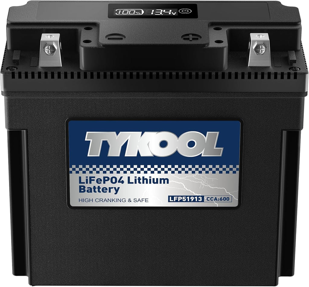 TYKOOL LFP51913 Lithium Motorcycle Battery, Replaces 51913 YT19BL-BS PC680, 600CCA 12Ah, Fits for BMW R1150RT R1150GS R1200RT R1200C K1200LT K1200GT Moto Guzzi California 1100, Digital Readout [- +]