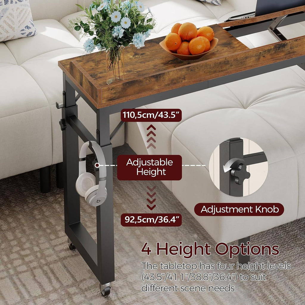 Overbed Table with Wheels, Queen Size Mobile Bed Desk with Adjustable Height, Computer Desk with Tilt Stand, Rolling Laptop Table, Recliner Desk for Home, Office, Hospital, Rustic Brown MTHR18101
