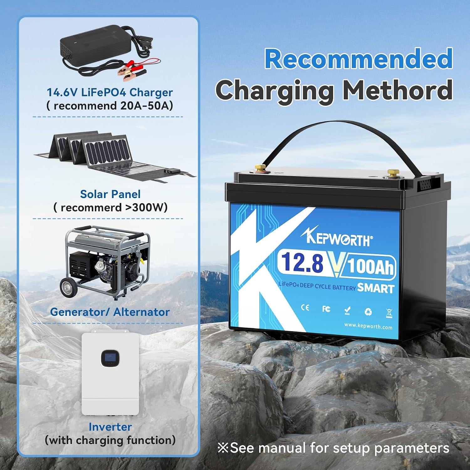 KEPWORTH 12.8V 100Ah Lithium Battery Bluetooth, Rechargeable Deep Cycle LiFePO4 Batteries BCI Group 24,100A Smart BMS, Perfect for Solar, Boat, RV, Backups, Motorhome, Trolling Motor