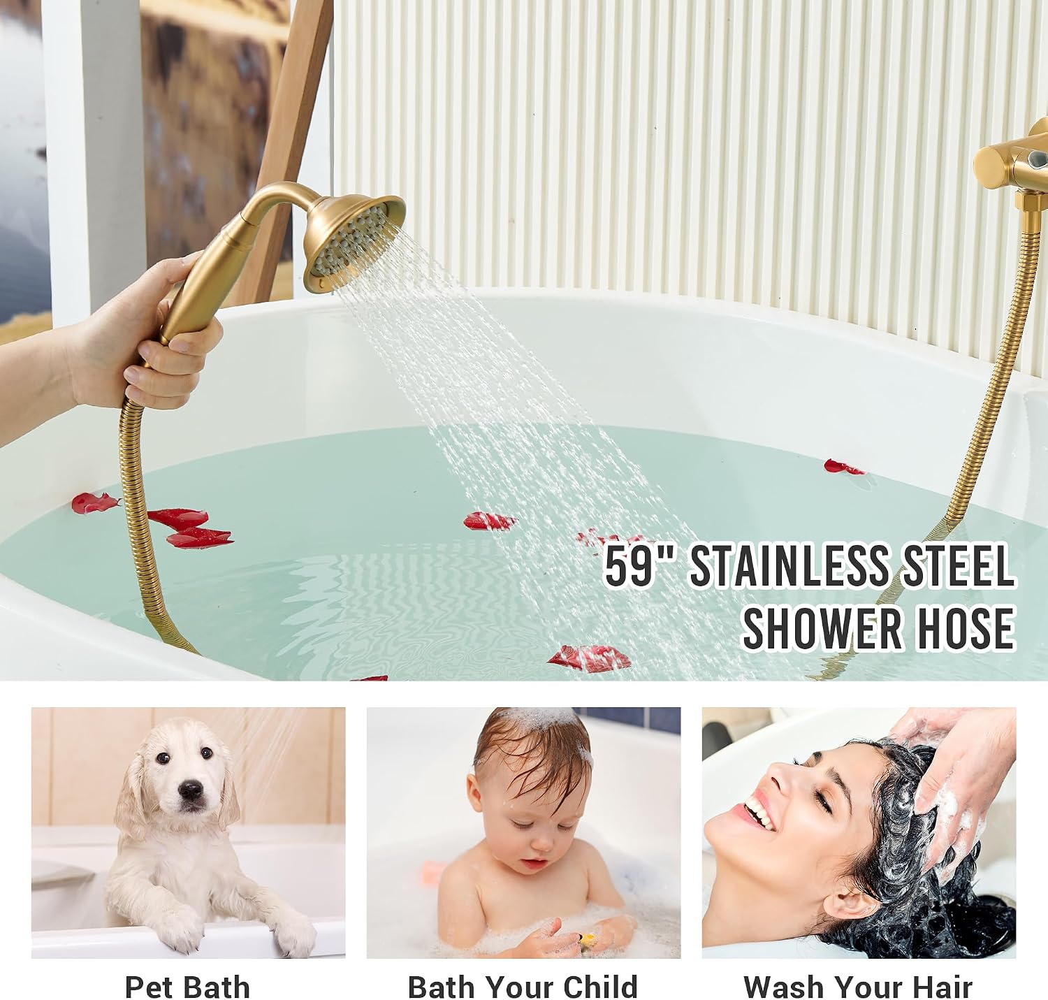 DASAN Antique Wall Mount Tub Filler Faucet with Hand Held Shower, Brushed Gold Brass Bathtub Faucet with Sprayer Wall Mounted Roman Bath Tub Faucet Set with High Flow Rough in Valve, AT201TF-BTG