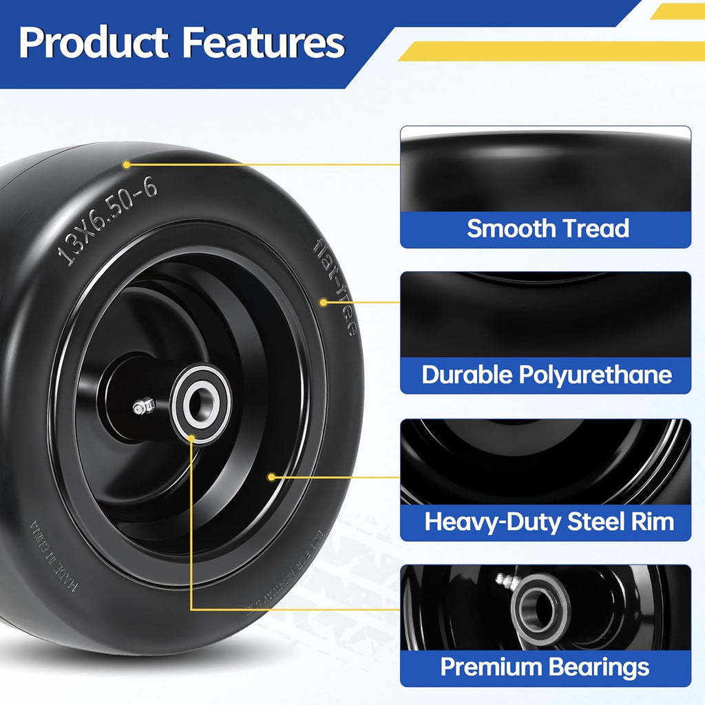 2 Pcs 13x6.50-6 Flat Free Lawn Mower Tire and Wheel, with 3/4' Bearings & Extra 1/2' & 5/8' Sleeves, 5.5'-7.88' Centered Hub, 13x6.5-6 Solid Smooth Front Tire for Zero Turn Lawn Mowers, 500lbs Load