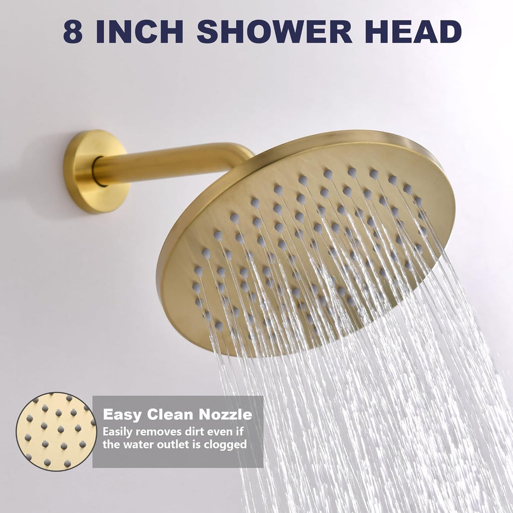 Shower System, Gold Shower Faucet Set, 8' Rainfall Shower Head and Handheld Spray Combo, Round Shower Head and Handle Set with Valve and Trim Kit, Brushed Gold