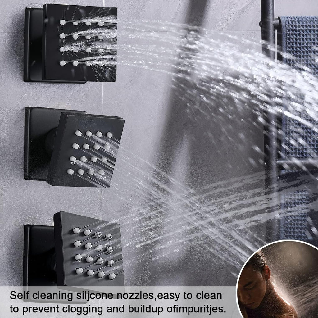 Black Thermostatic Shower System 4 Function Tub Spout Shower Faucet set with 12 inch Wall Mount Shower Head, 6 Body Jet, Handheld Spray