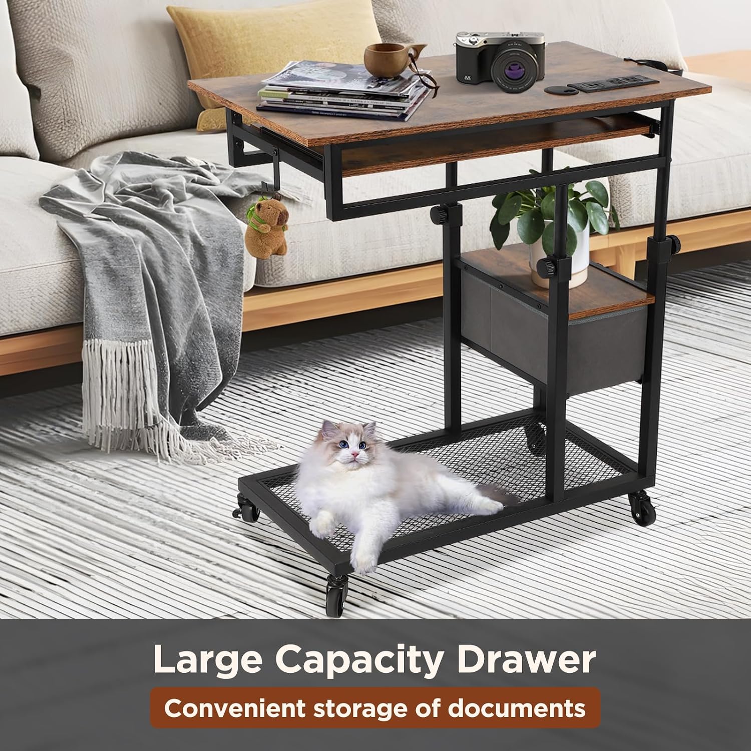 FAHKNS C Table with Wheels, Adjustable Couch Table with Charging Station, Couch with Cup Holder, Sofa Bedside Laptop Stand C Shaped TV Tray with Storage Shelves