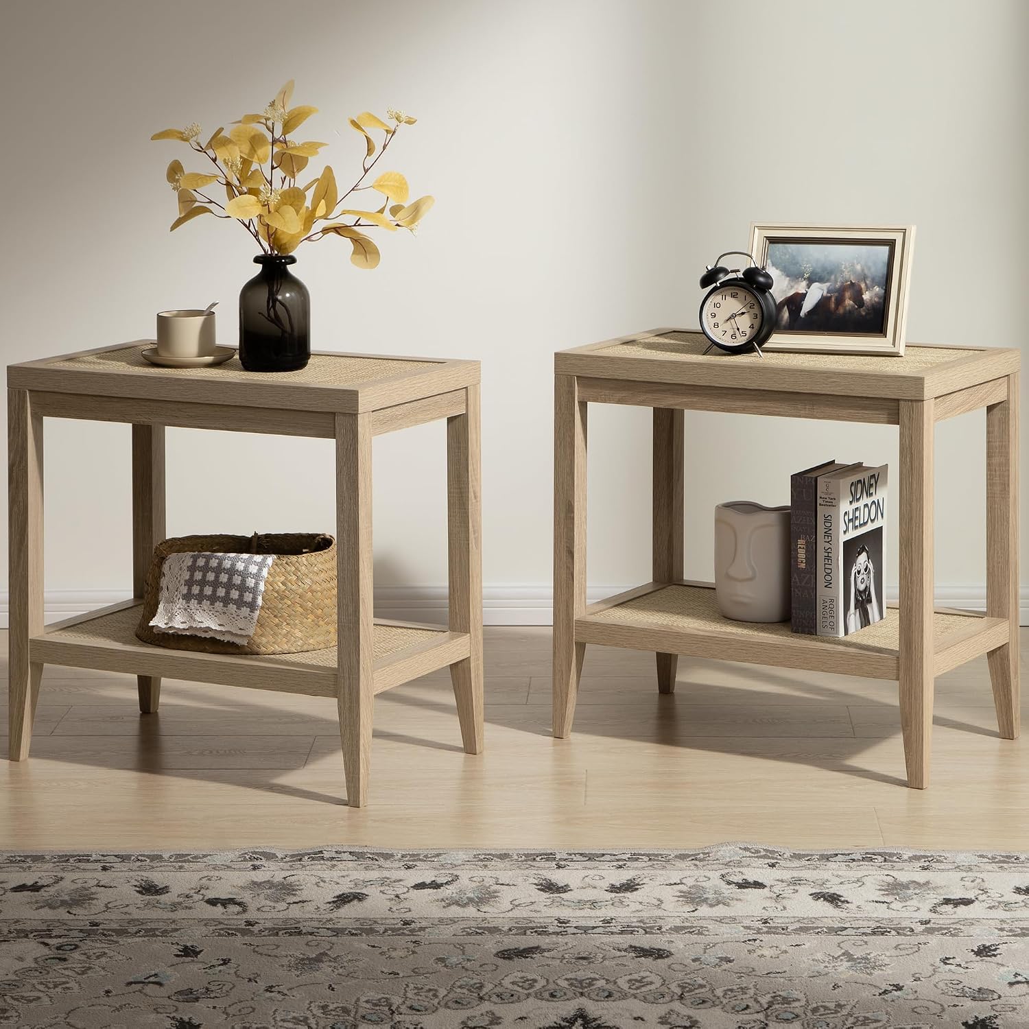 SICOTAS Rattan Nightstands Set of 2 - Boho Shelf Bedside Tables Narrow End Table Living Room Set of 2 Side Table with Rattan Storage Shelves for Small Space - Light Oak