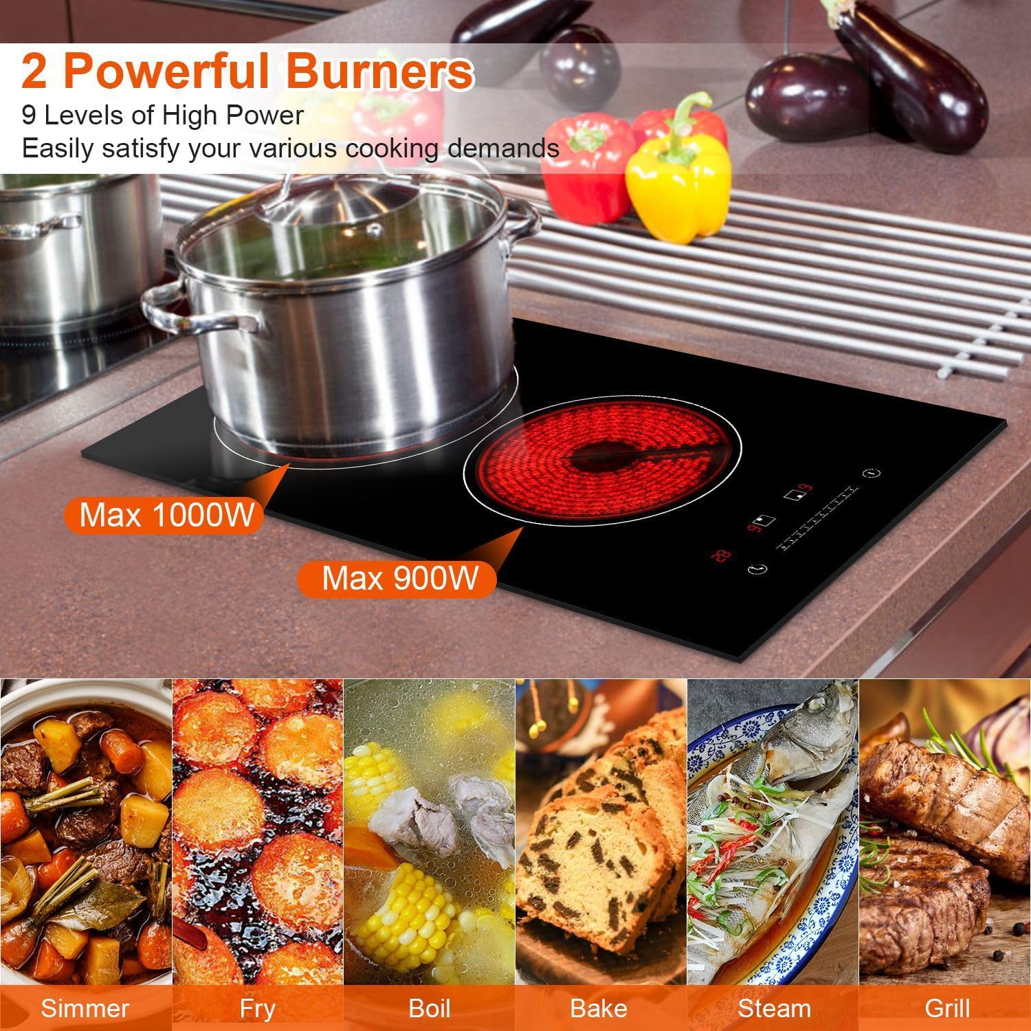 2 Burner Electric Cooktop, 9 Firepower Levels Plug-in Electric Cooktop with Timer Setting, 110V Built-in Electric Ceramic Stove with Over Heating Protection