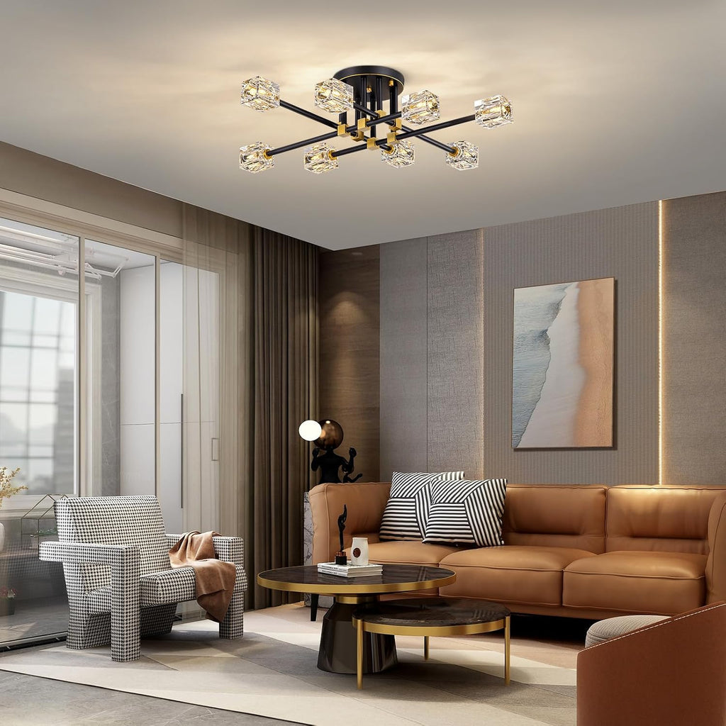 Modern Sputnik Ceiling Light Fixture with 8 Light,Black and Gold Semi Flush Mount Ceiling Light,K9 Crystal Chandeliers for Bedroom, Dining Room, Kitchen Island, Living Room