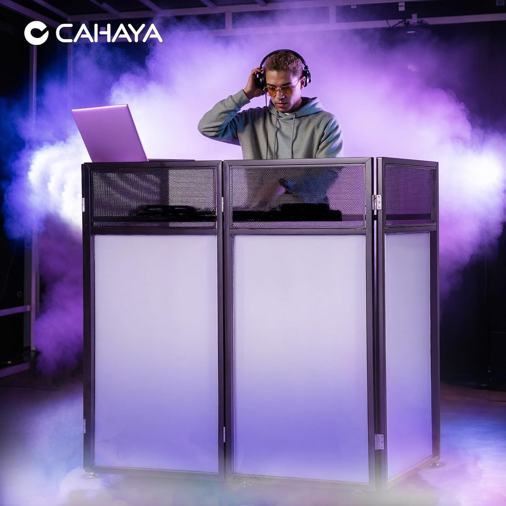 CAHAYA DJ Booth Stand Portable – DJ Table Facade for Laptop & Controller Double Top Corners Black & White Scrims for Lighting Easy Setup Foldable Storage with Bag 40'L x 20'W