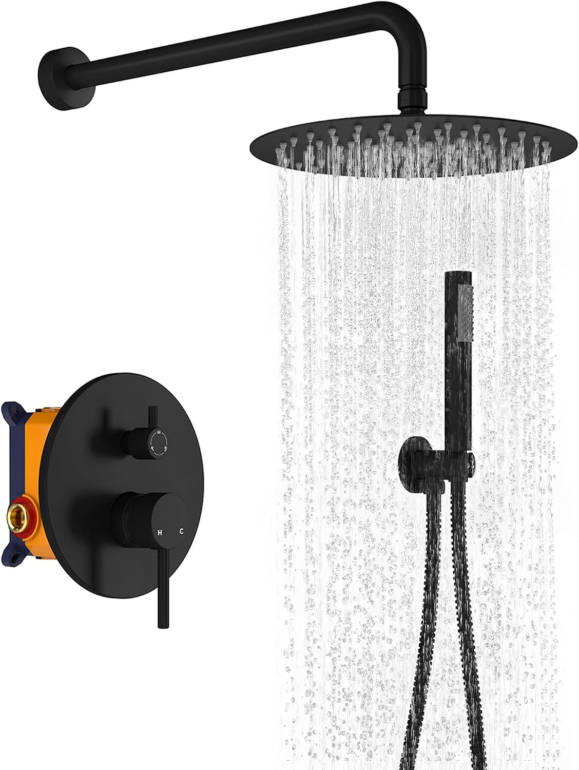 MONDAWE Round Shower Faucet Set, Wall Mounted Shower System 10 Inch Rainfall Shower Head with Handheld Combo, Matte Black High Pressure Rainfall Shower Set -Valve Included