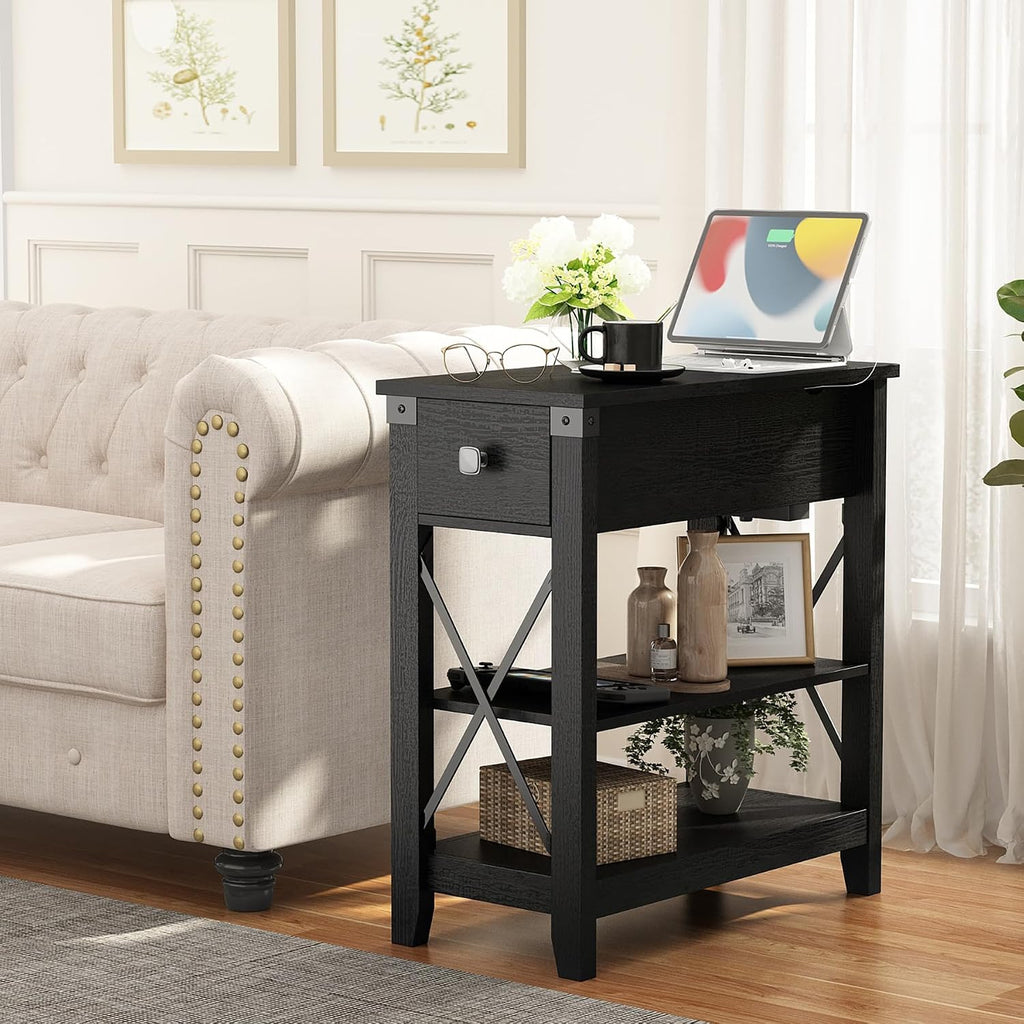 Awescuti Narrow End Table with Charging Station - Farmhouse Slim Side Table Set of 2, w/USB Ports Power Outlets, Nightstand w/Flip Top Storage Drawer, for Small Spaces Living Room Bedroom, Black