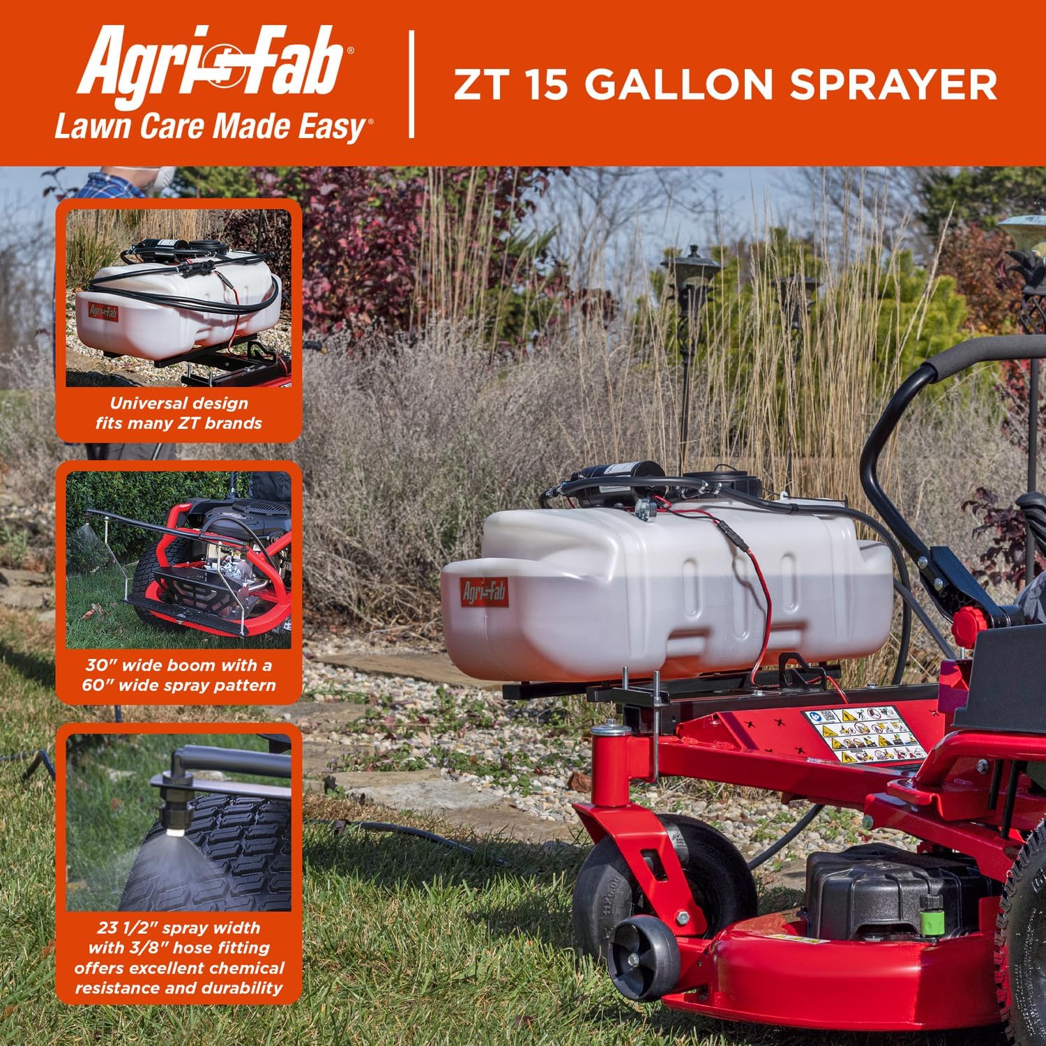 Agri-Fab 45-0628 Zero Turn Riding Lawn Mower Sprayer with Boom and Spray Wand 15 - Gallon Capacity Tank, 2.2 GPM, 100 PSI Sprayer Pump, Universal Design fits Many Zero Turn Brands