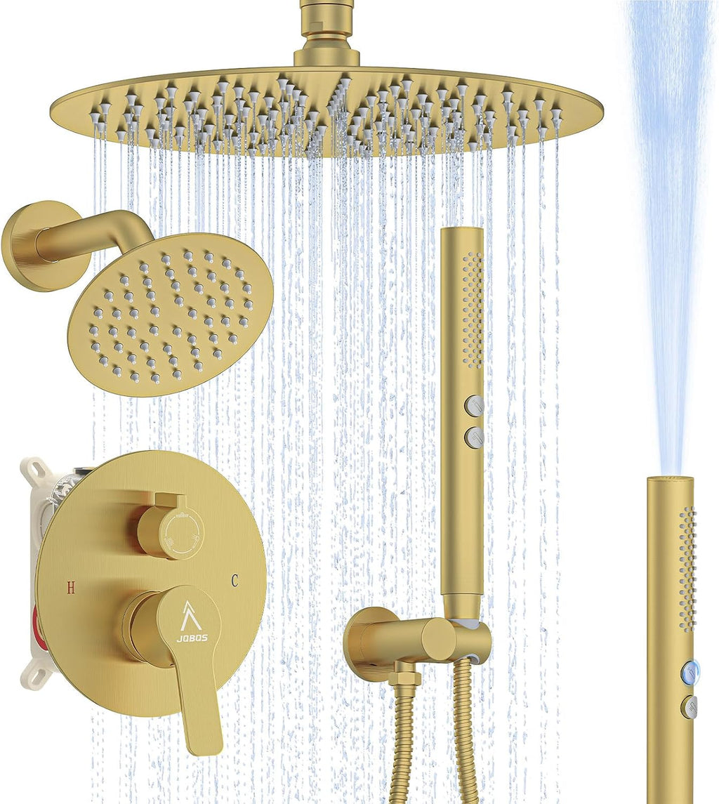 Shower System Shower Faucet Set Rainfall Shower Set with Valve 12+6' Dual Rain Shower Head with Handheld Ceiling Mount Wall Mount Shower Head Shower System, Brushed Gold