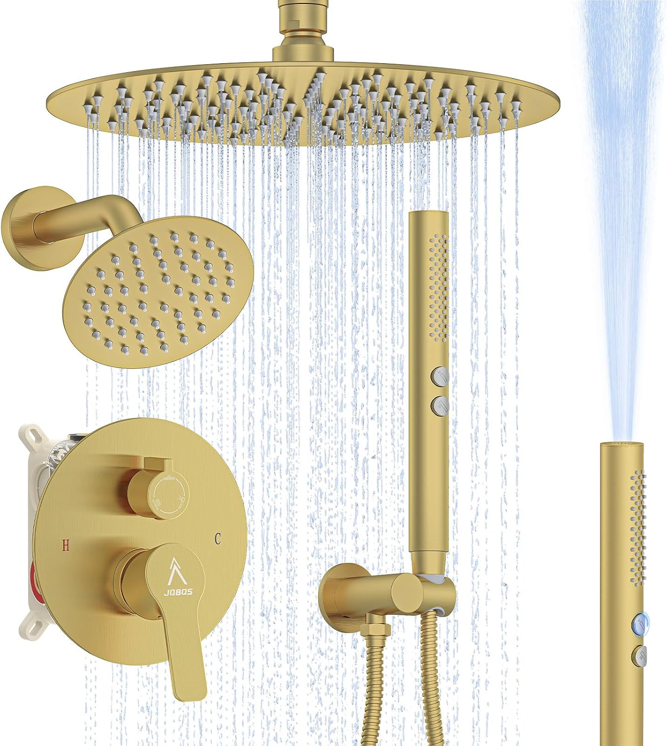 Shower System Shower Faucet Set Rainfall Shower Set with Valve 12+6' Dual Rain Shower Head with Handheld Ceiling Mount Wall Mount Shower Head Shower System, Brushed Gold