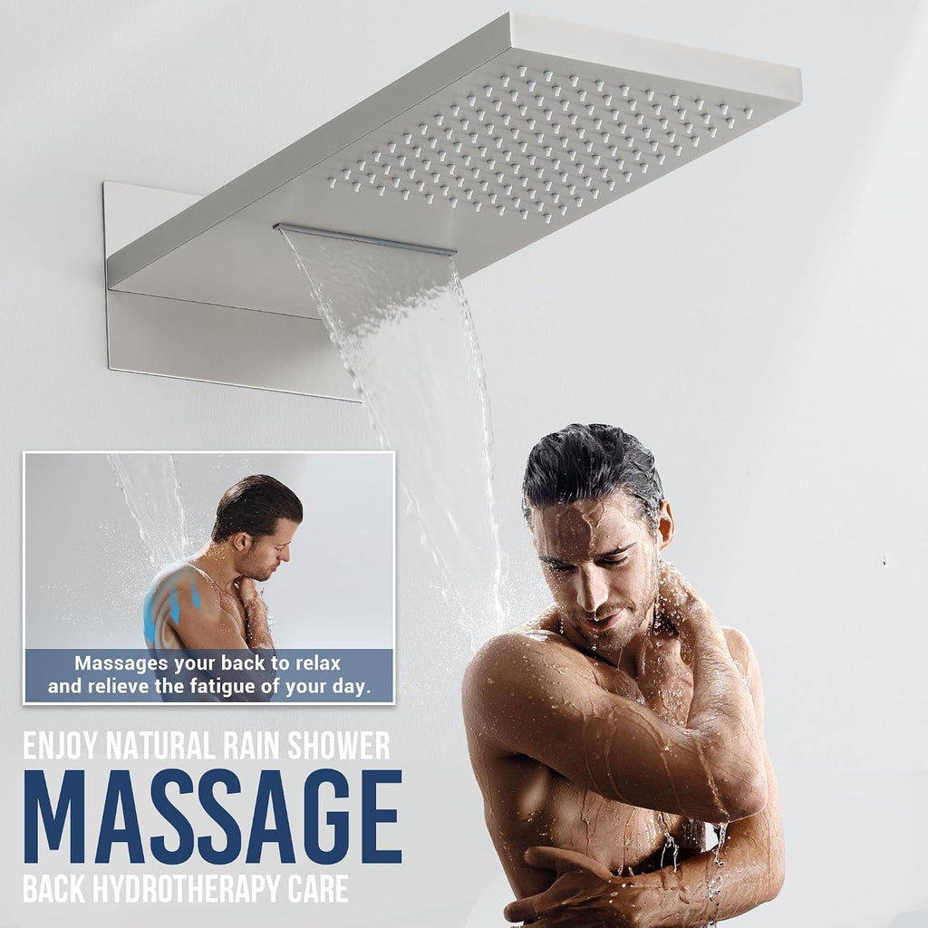 Thermostatic Shower System 22-Inch Rain & Waterfall Large Shower Head, Brushed Nickel Luxury Shower Faucet Set with High Pressure Handheld Sprayer, Wall Mount Shower Fixtures Include Valve