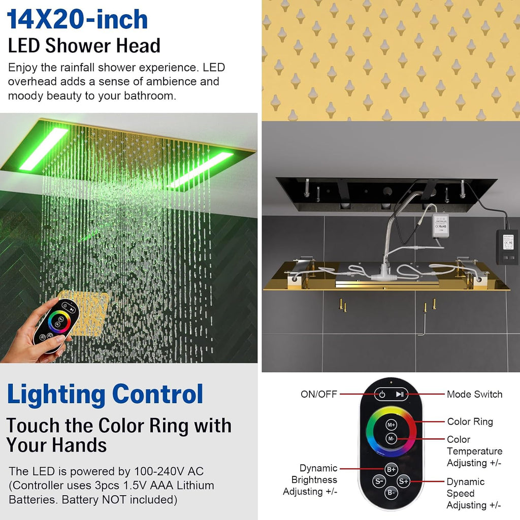 ENGA Bright Gold Dual Rain LED Shower System, 14'x20' Shower Head + 6' Wall Shower, 4 Body Jets with Individual On/Off & Adjustable Water Pressure, Rainfall Shower Faucet Set