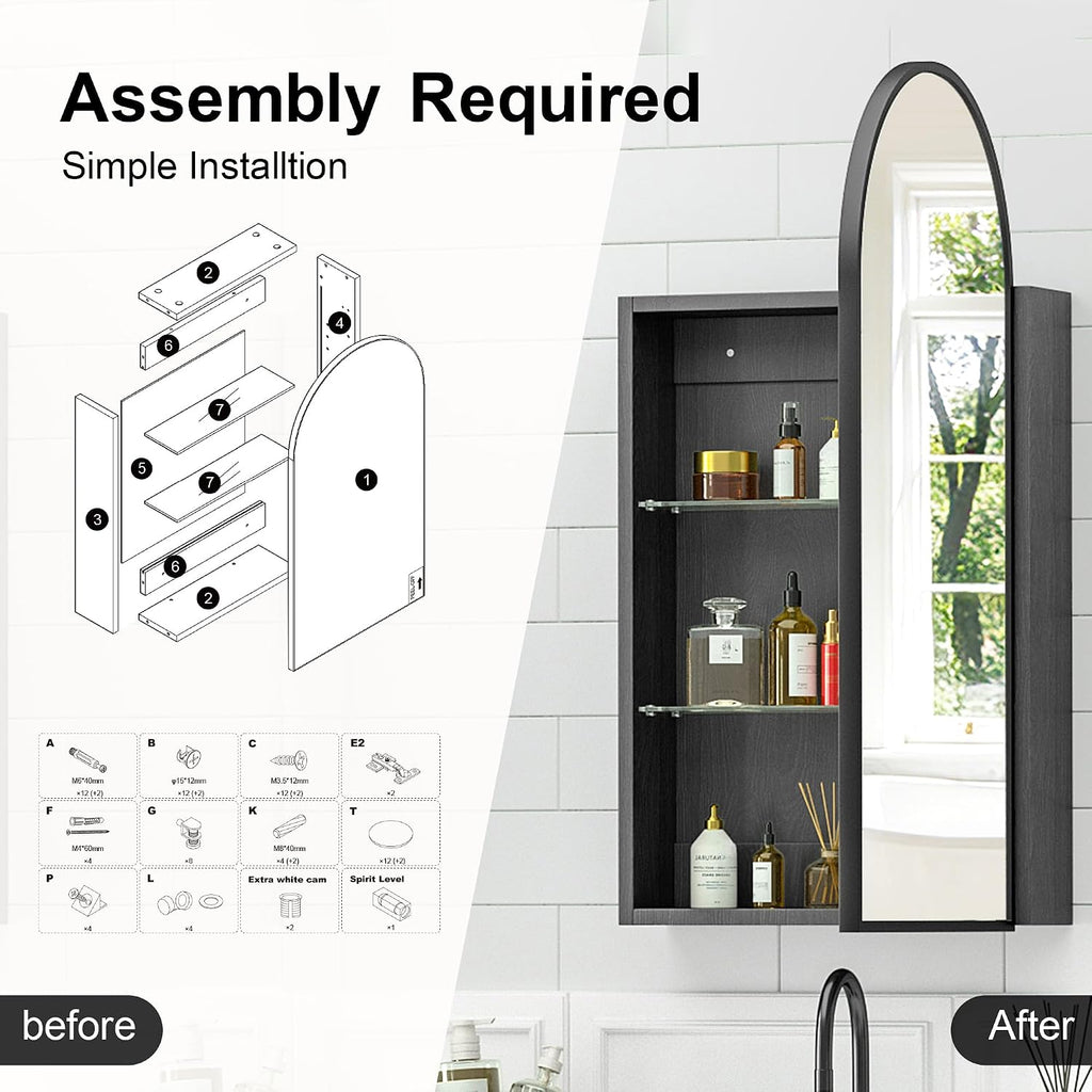 Arched Medicine Cabinet with Mirror, Brushed Black Wall Mounted Bathroom Mirror Cabinet, 3 Adjustable Shelves Storage, Reversible Door Opens Left to Right, Modern Metal Frame, 16 x 30 Inch