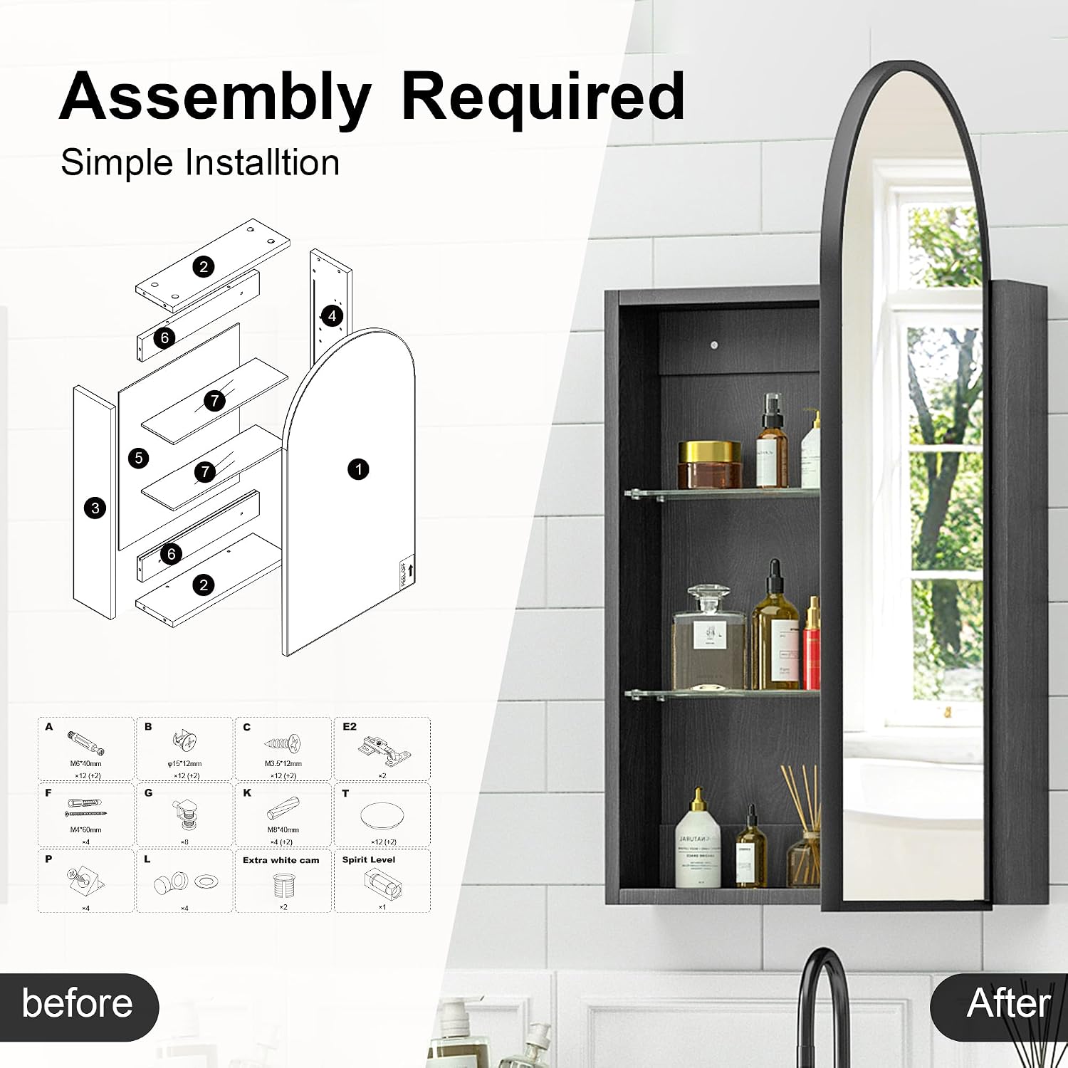 Arched Medicine Cabinet with Mirror, Brushed Black Wall Mounted Bathroom Mirror Cabinet, 3 Adjustable Shelves Storage, Reversible Door Opens Left to Right, Modern Metal Frame, 16 x 30 Inch