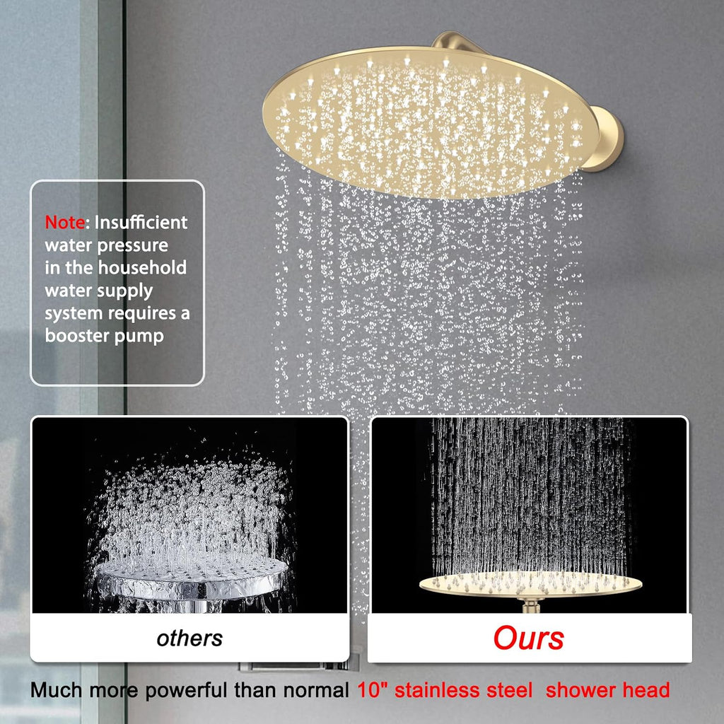 Shower Faucet Set Brass 12IN Rough-In Valve Body Trim Kit Rainfall Included Handle Accessories Complete 2 Functions with Rain Head and Handheld Bathroom Systems (12'', Brushed Gold)