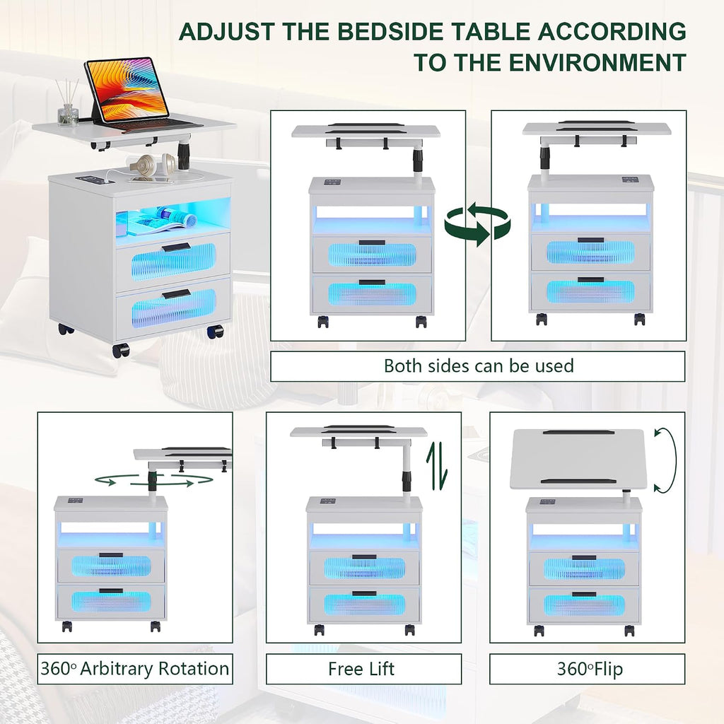 HNEBC LED Nightstand Set of 2 with Charging Station & Adjustable Overbed Desk, 3 Color LED Lights & Body Sensor, Mobile Bedside Table with Wheels, 2 Drawers & Open Shelf for Bedroom(White)