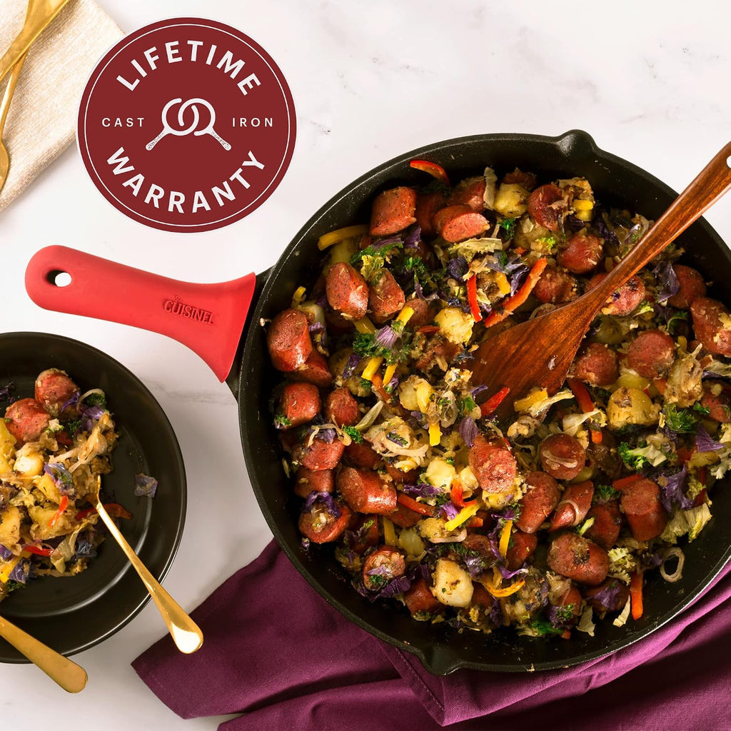 Cuisinel Cast Iron Skillet with Glass Lid Cover - Large 15'-inch Frying Pan + Scraper + Silicone Handle Grip - Pre-seasoned Kitchen Cookware - Indoor/Outdoor - Camping, Grilling, BBQ, Oven Use