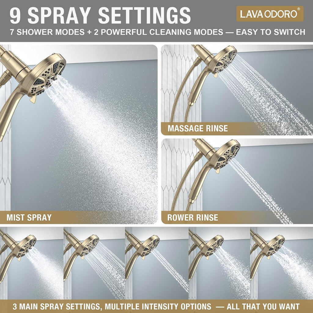 LAVA ODORO Handheld Shower Head with Magnetic Docking System, 9-Function High Pressure Detachable Shower Head, 5-inch Showerhead with 72 Inch Hose, Remote Dock, Champagne Gold, SH180-CB-D