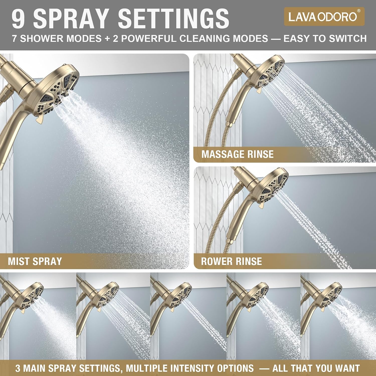 LAVA ODORO Handheld Shower Head with Magnetic Docking System, 9-Function High Pressure Detachable Shower Head, 5-inch Showerhead with 72 Inch Hose, Remote Dock, Champagne Gold, SH180-CB-D
