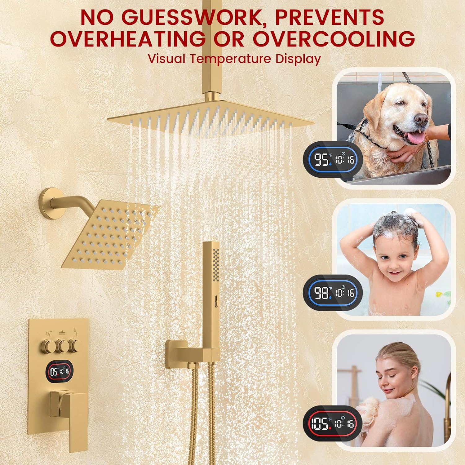 Push Button Diverter Shower Faucet Set Hydro Power Temperature Display, Shower System Ceiling Mounted 10' & Wall Mounted 6' Shower Head with 3-Spary Handheld, Brushed Gold