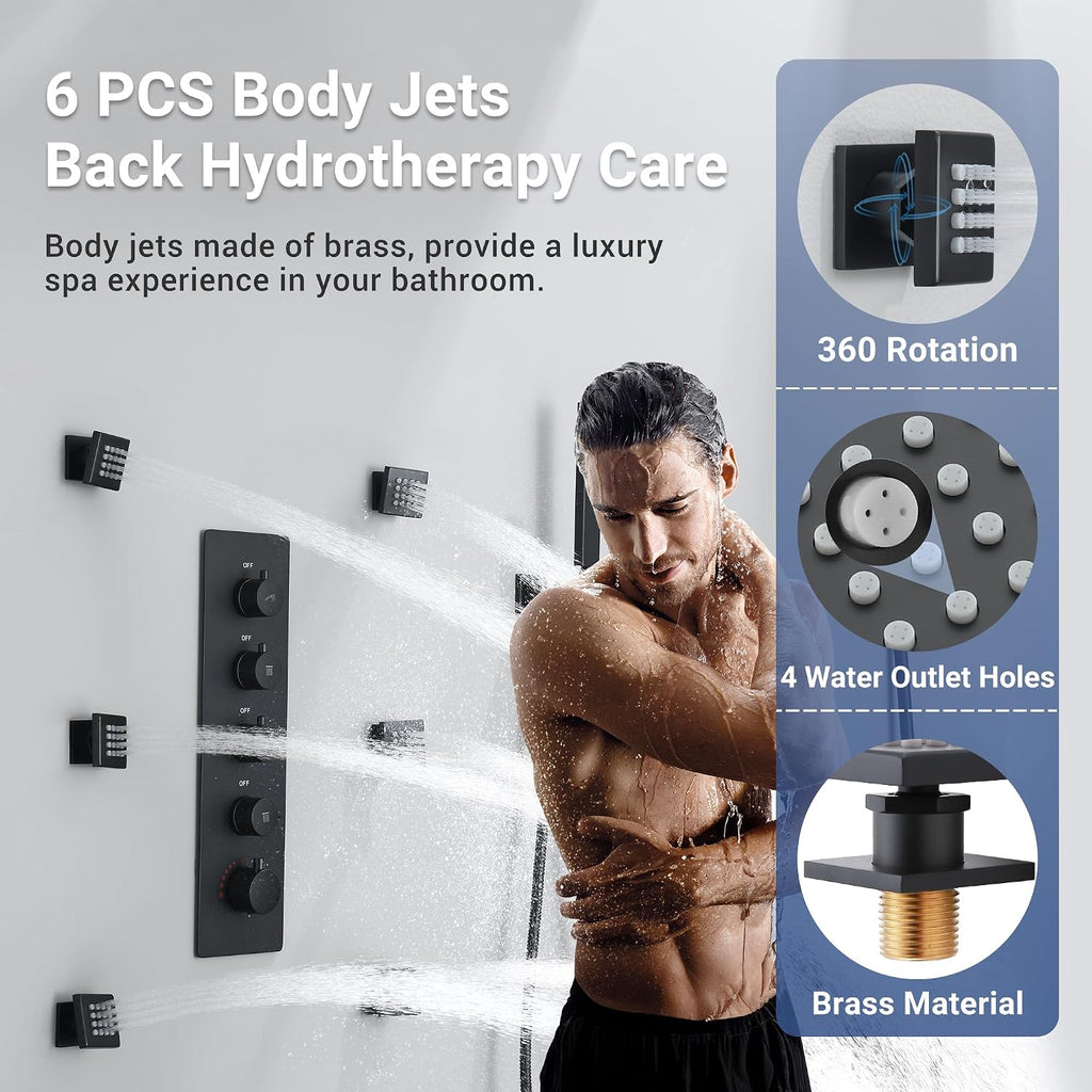 Luxury Dual-Zone Rain & Waterfall Shower Head for 2-Person, Matte Black Thermostatic Shower System with 32-Inch Flush Mount Shower, Full body Shower Faucet Set with Handheld Sprayer & 6 Jets