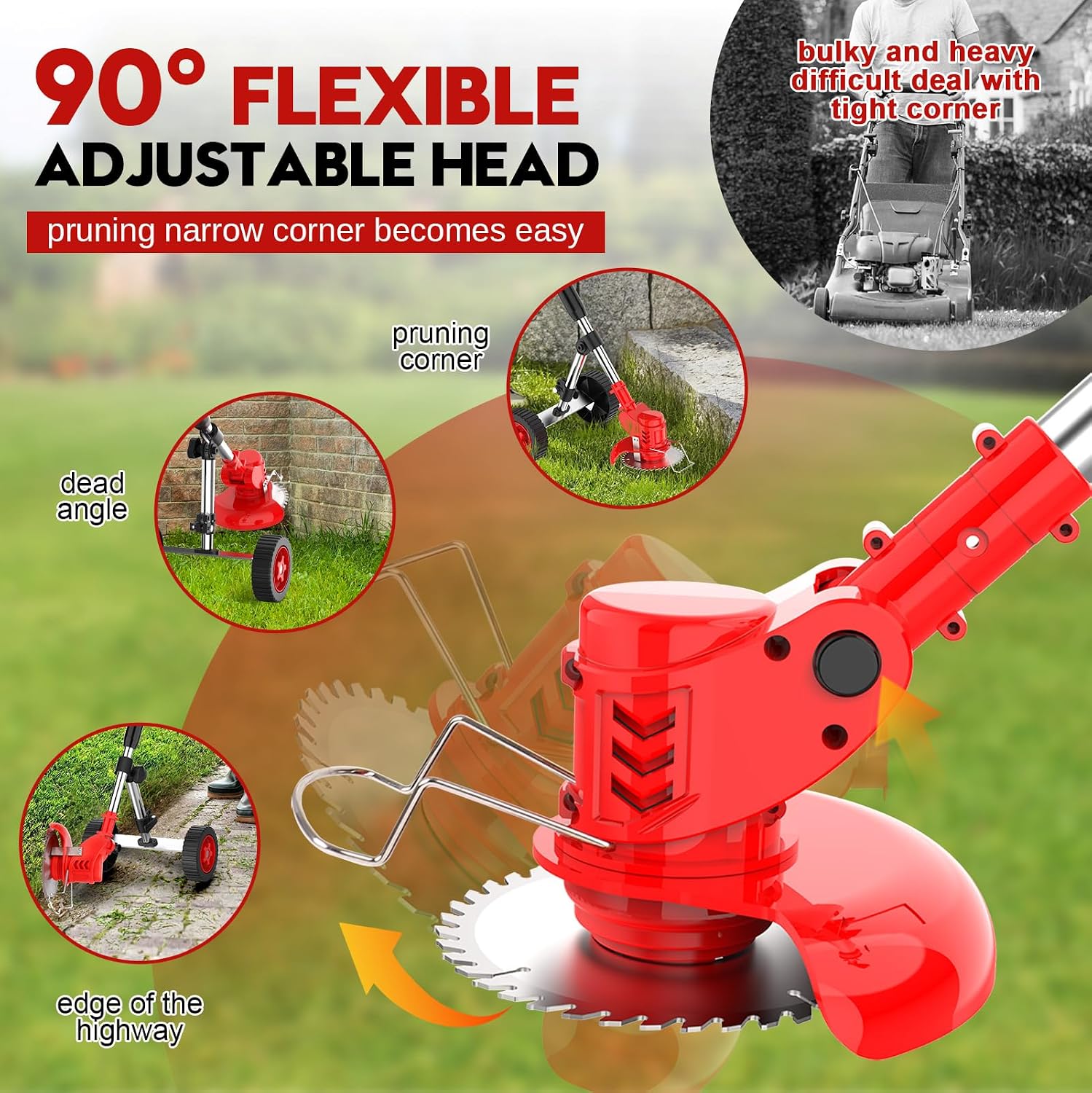 Cordless Weed Wacker with Wheel, Electric Weed Eater Battery Powered W/Blade, 3 in 1 Weed Trimmer Edger Weed Brush Cutter Mower, No String Grass Trimmer Wheel Yard Garden Tool