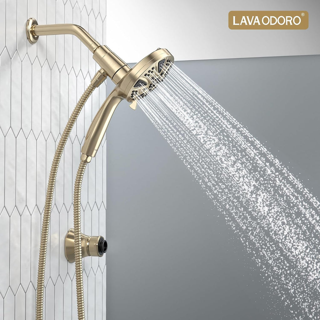 LAVA ODORO Handheld Shower Head with Magnetic Docking System, 9-Function High Pressure Detachable Shower Head, 5-inch Showerhead with 72 Inch Hose, Remote Dock, Champagne Gold, SH180-CB-D