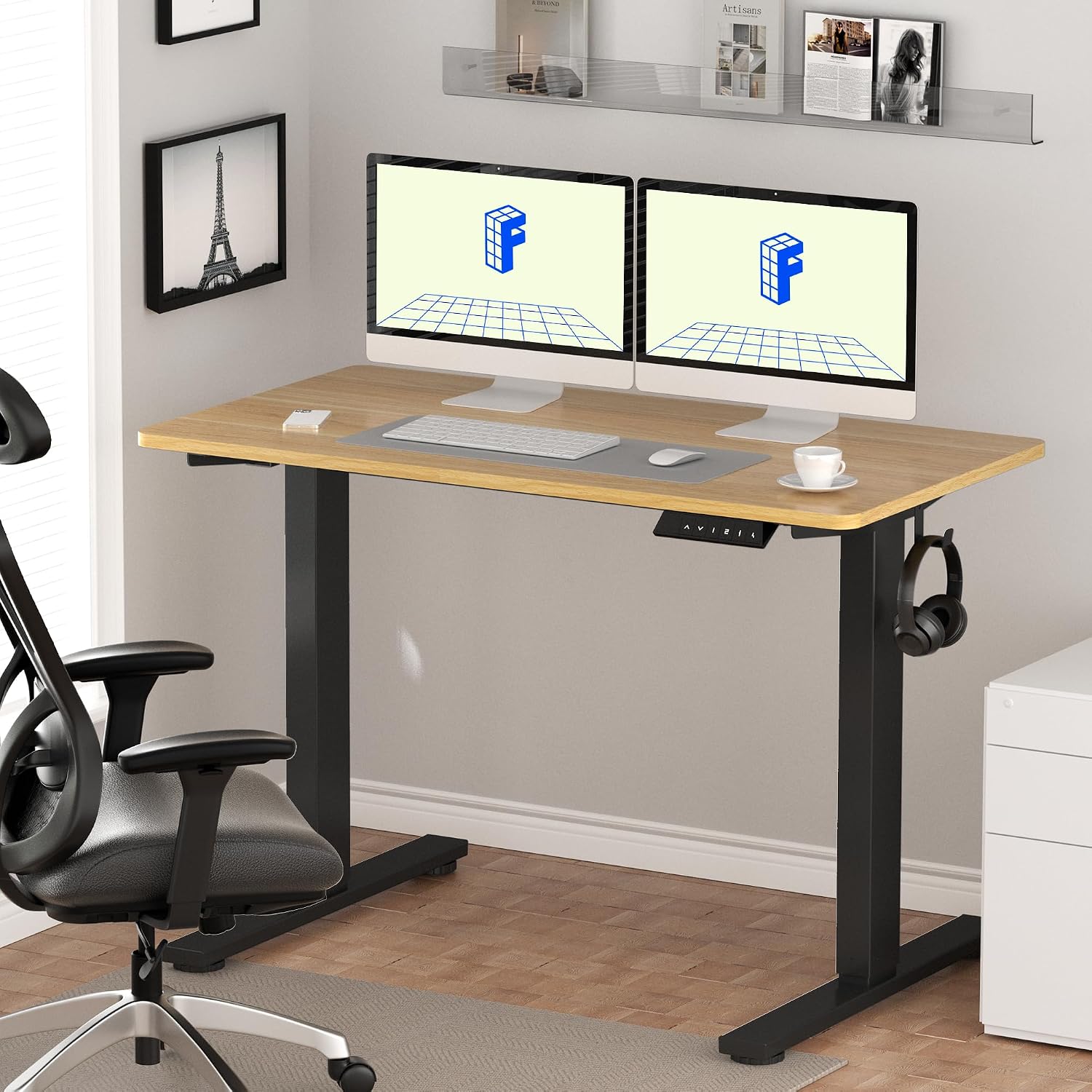 FLEXISPOT EN1 One-Piece Standing Desk, Electric Adjustable with 4 Memory Presets, 176 LBS Capacity, Stable & Quiet, Seamless Desktop for Home Office & Dual Monitors, 55'x28' Maple