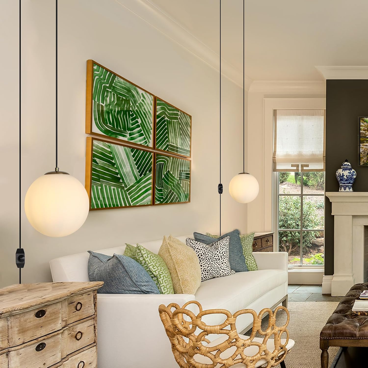 2 Pack Gold Plug in Globe Pendant Lights, Mid Century Light Fixture with Milk Glass, Modern Chandelier, Large Hanging Ceiling Light for Kitchen, Bedroom, Living Room, Dinning Room, Hallway