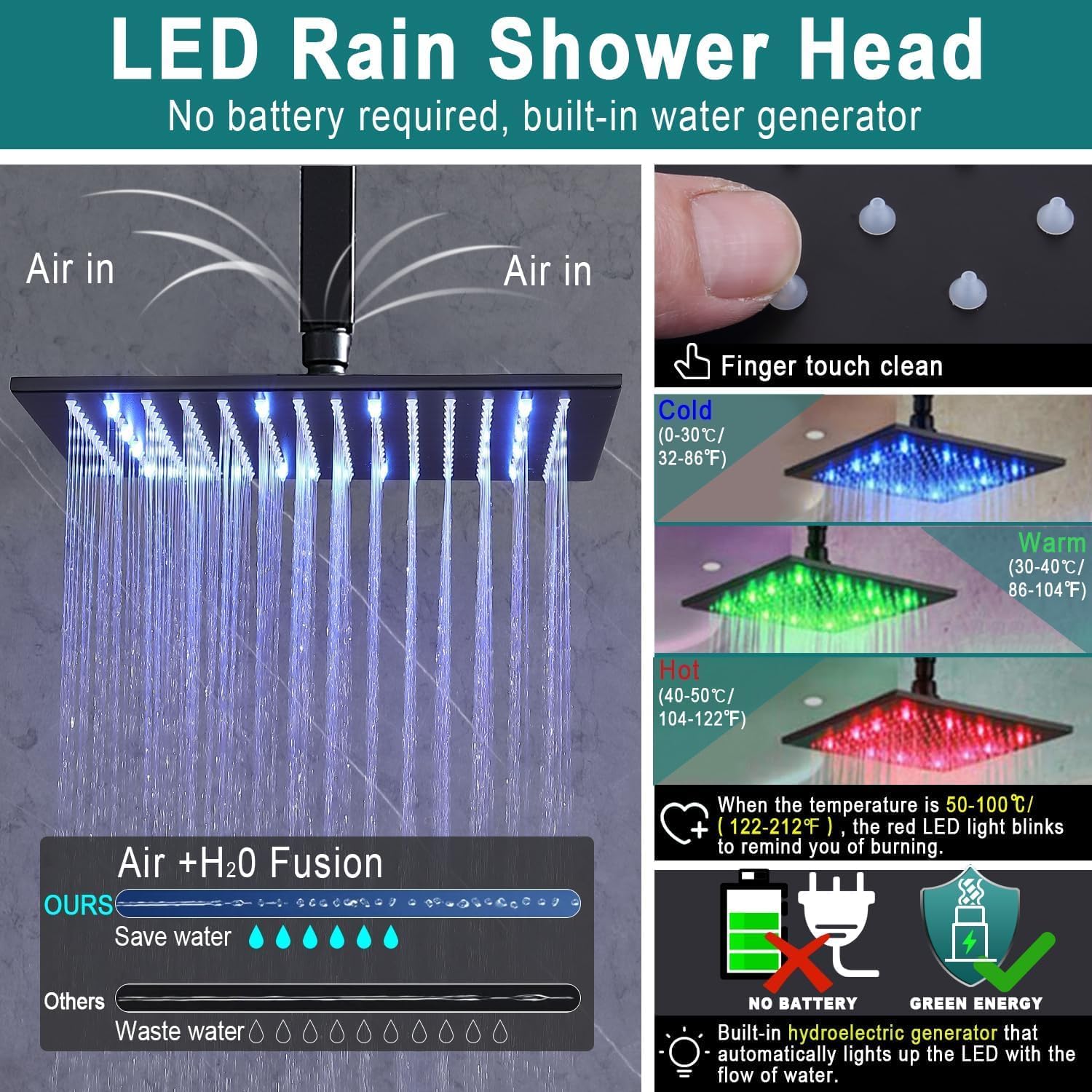 Enga Thermostatic Shower System with Body Jets (Use All Functions At A Time), Ceiling Mounted 12 Inch LED Rain Shower with 6 Body Spray Jets and Handheld Shower Faucet Set, Matte Black