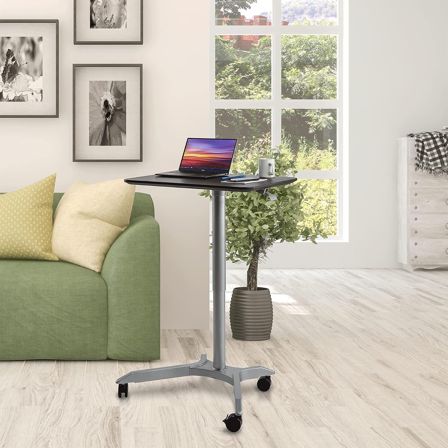 Seville Classics Airlift Height Adjustable Pneumatic Laptop Sit Stand Desk Mobile Rolling Cart, Computer Workstation for Home Office, Classroom, Espresso, 28' XL Desktop (New Model)