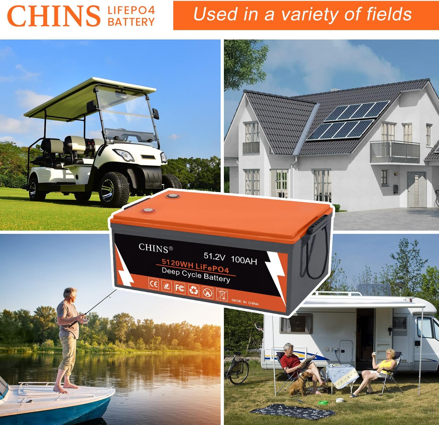 CHINS 48 Volt 100AH Lithium Battery for Golf Cart with 48V 18A Charger, Monitor, Built-in Bluetooth 200A BMS, 48V Golf Cart Battery with 10.24kW Output