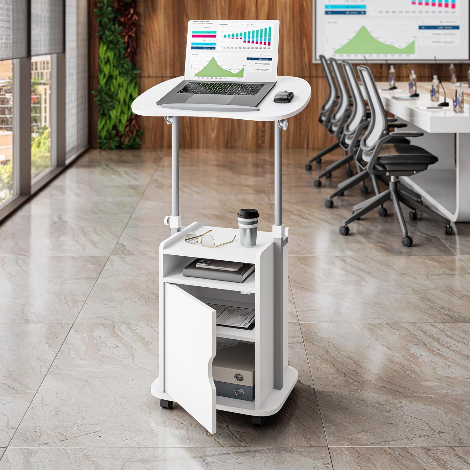 Techni Mobili Adjustable Laptop Cart with Storage, Rolling Mobile Workstation Desk with Cabinet, Shelf & Locking Wheels. Height Adjustable Sit to Stand for Home Office, Bedside, or Classroom (White)