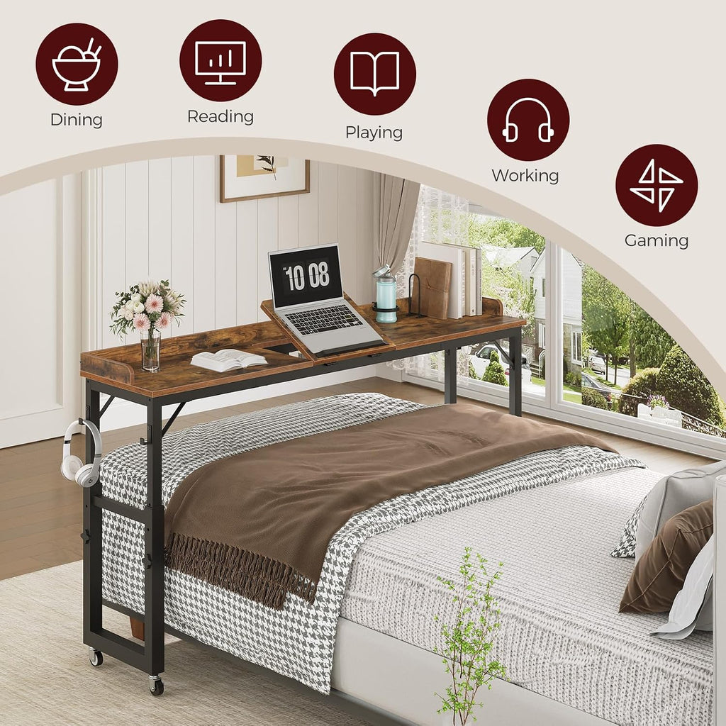 Overbed Table with Wheels, Queen Size Mobile Bed Desk with Adjustable Height, Computer Desk with Tilt Stand, Rolling Laptop Table, Recliner Desk for Home, Office, Hospital, Rustic Brown MTHR18101
